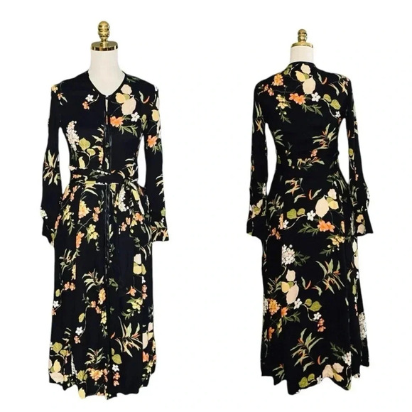 ZARA Black Floral Print Button Down Flowy Cottagecore Maxi Dress Size S - Picture 9 of 14